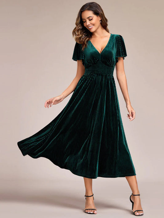 Wholesa Striped Velvet Flutter Sleeves V-Neck Midi Wedding Guest Dress