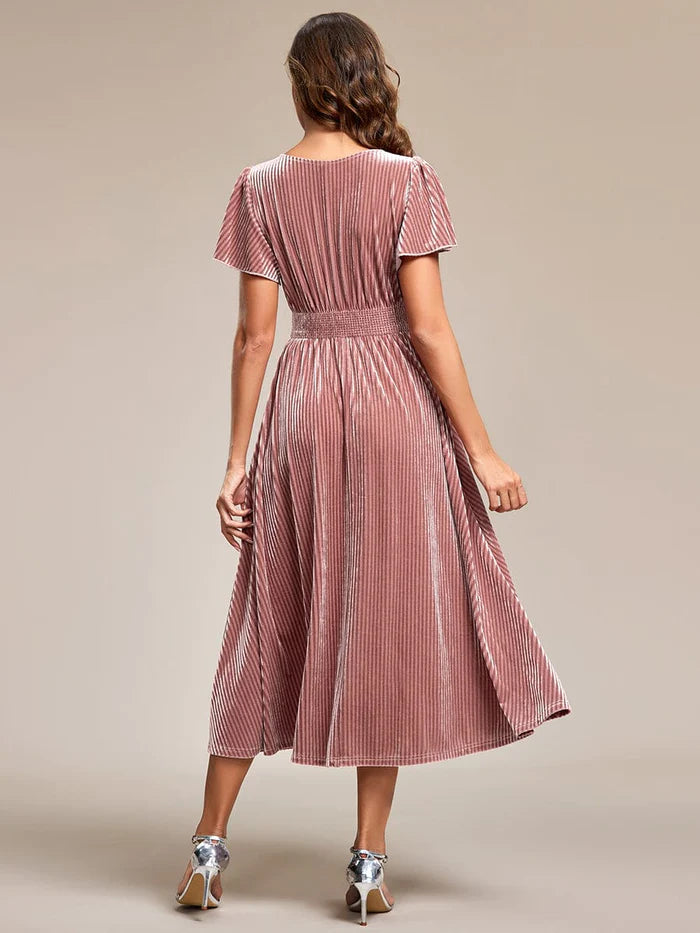 Wholesa Striped Velvet Flutter Sleeves V-Neck Midi Wedding Guest Dress