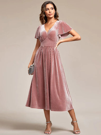 Wholesa Striped Velvet Flutter Sleeves V-Neck Midi Wedding Guest Dress