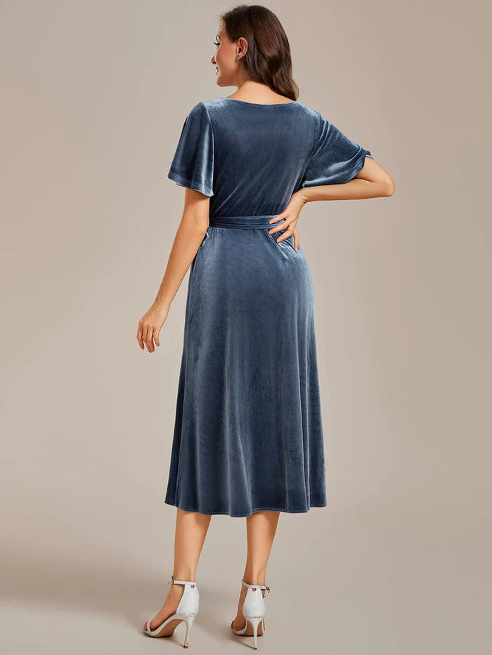 Wholesa Charming Flutter Sleeves V-Neck Velvet Wedding Guest Dress