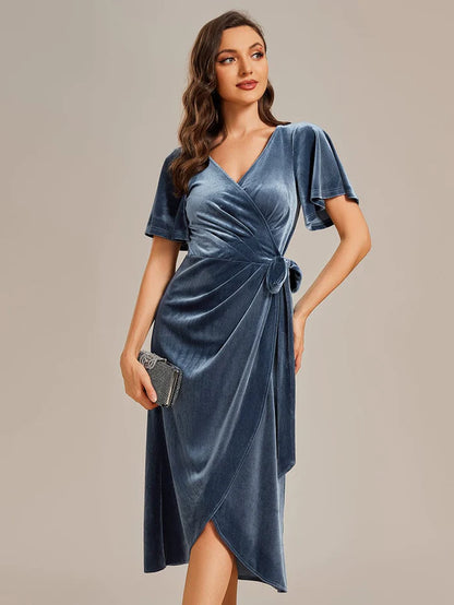 Wholesa Charming Flutter Sleeves V-Neck Velvet Wedding Guest Dress