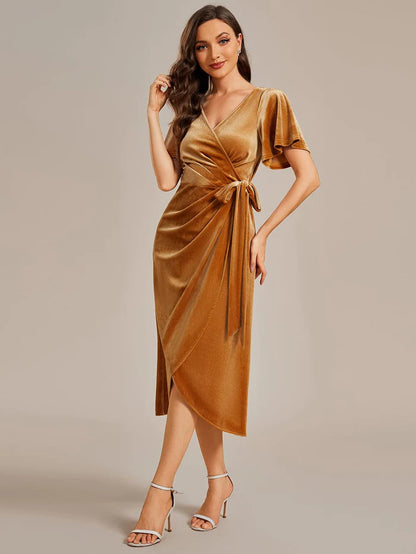 Wholesa Charming Flutter Sleeves V-Neck Velvet Wedding Guest Dress