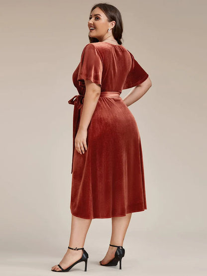 Wholesa Charming Flutter Sleeves V-Neck Velvet Wedding Guest Dress