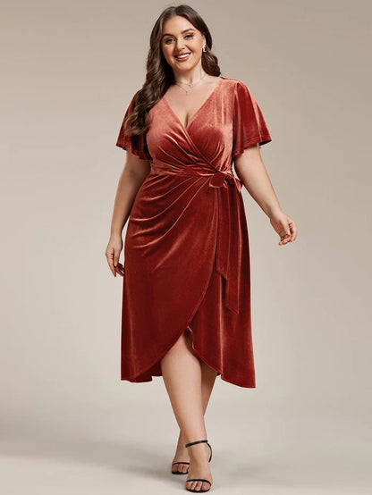 Wholesa Charming Flutter Sleeves V-Neck Velvet Wedding Guest Dress