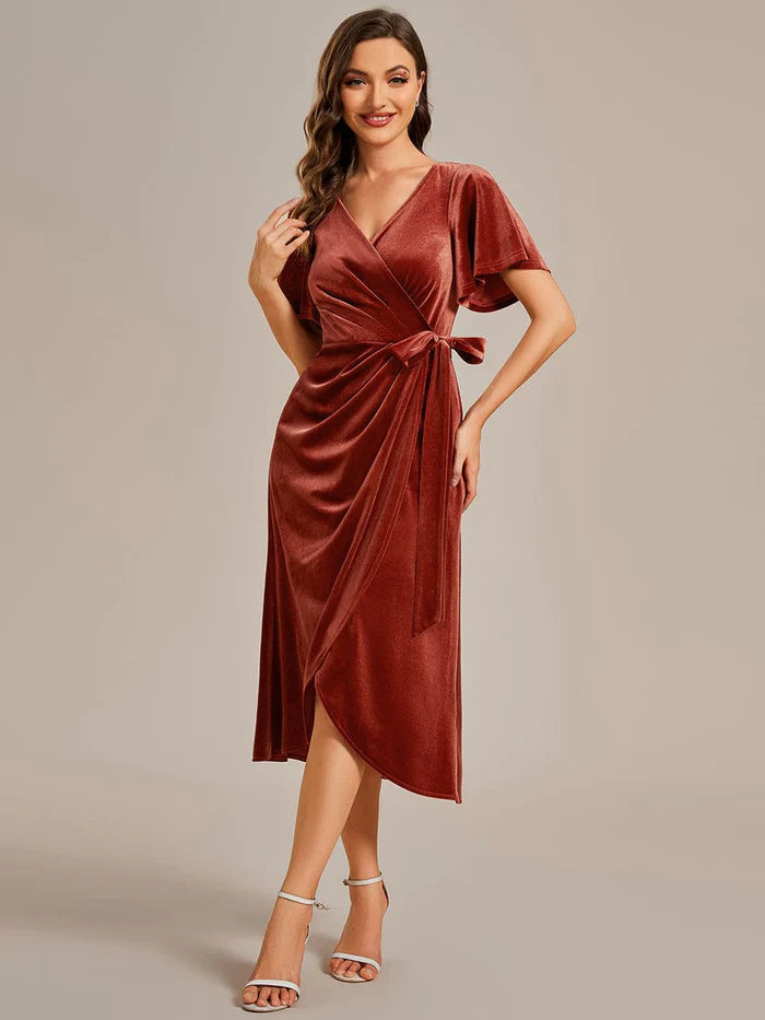 Wholesa Charming Flutter Sleeves V-Neck Velvet Wedding Guest Dress