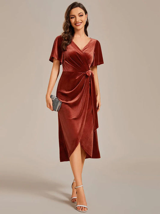 Wholesa Charming Flutter Sleeves V-Neck Velvet Wedding Guest Dress