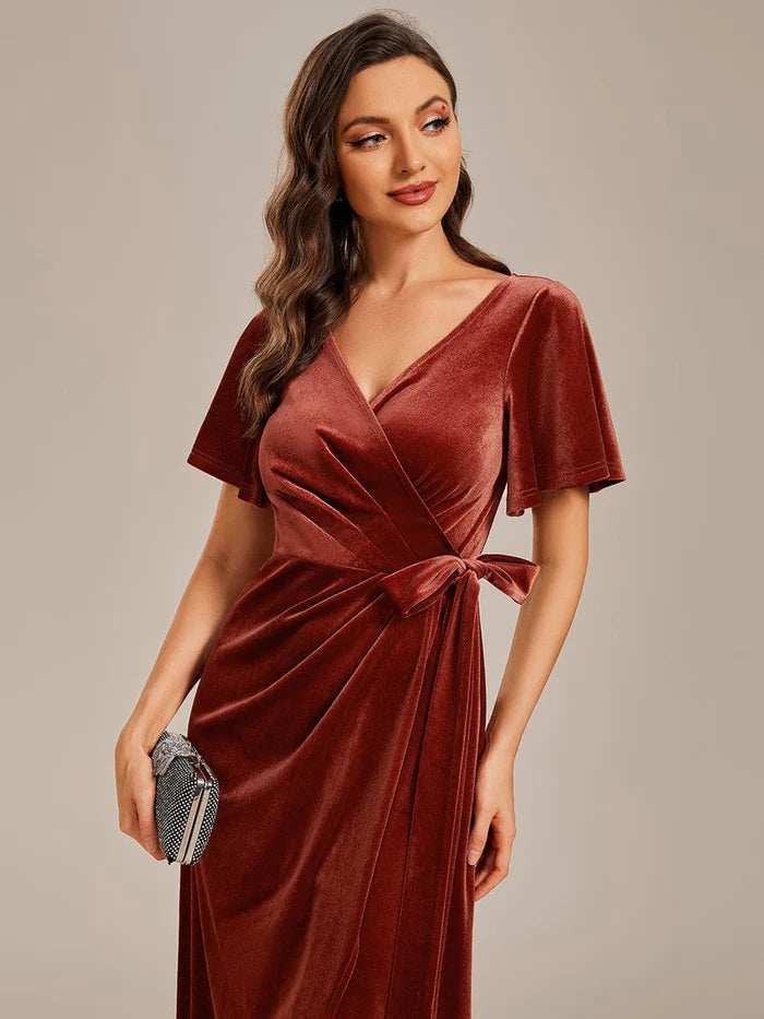 Wholesa Charming Flutter Sleeves V-Neck Velvet Wedding Guest Dress