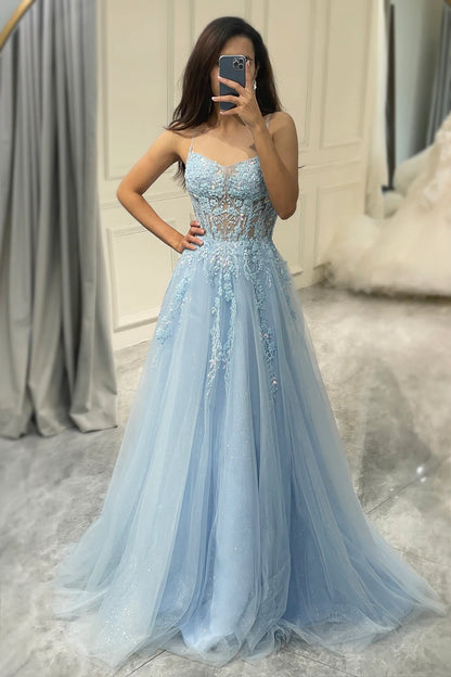 Aimishang A Line Fuchsia Spaghetti Straps Tulle Light Blue Long Prom Dress With Appliques