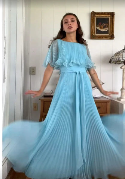 Aimishang A Line Blue Long Prom Dress Pleated Charming Evening Party Dress Wedding Guest Dress