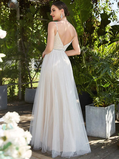 Wholesa Spaghetti Strap Embroidered Deep V A-line Wedding Dress