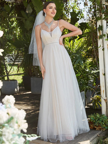 Wholesa Spaghetti Strap Embroidered Deep V A-line Wedding Dress