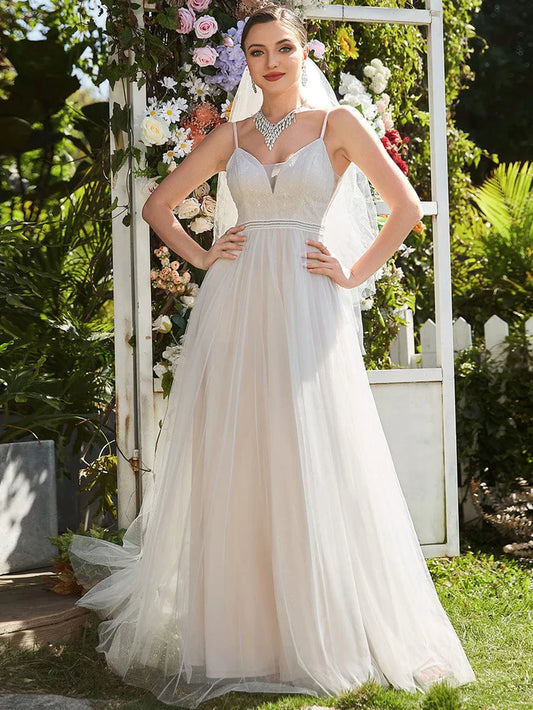 Wholesa Spaghetti Strap Embroidered Deep V A-line Wedding Dress