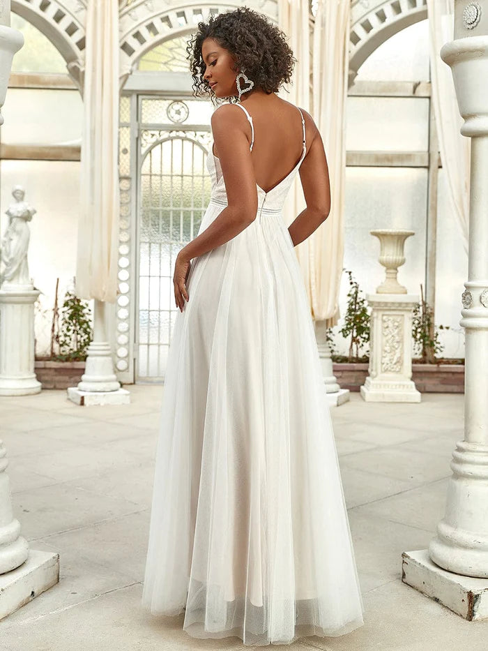 Wholesa Spaghetti Strap Embroidered Deep V A-line Wedding Dress