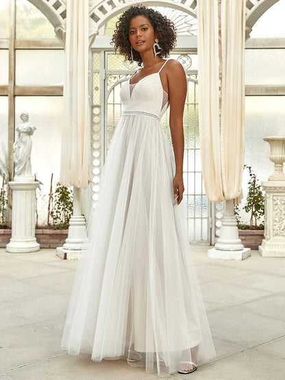 Wholesa Spaghetti Strap Embroidered Deep V A-line Wedding Dress