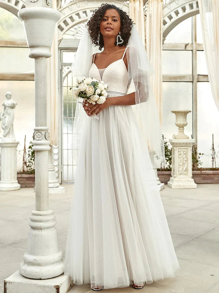 Wholesa Spaghetti Strap Embroidered Deep V A-line Wedding Dress