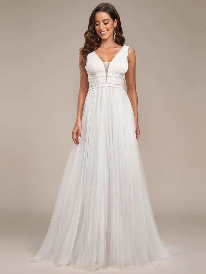 Wholesa Sleeveless Deep V Low Back Long Wedding Dress