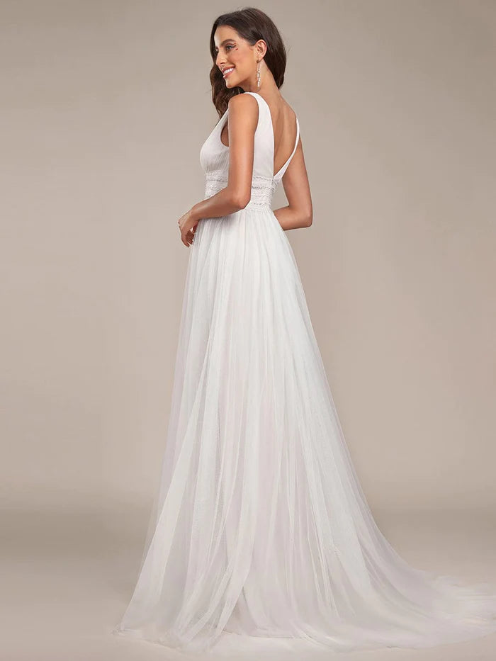 Wholesa Sleeveless Deep V Low Back Long Wedding Dress