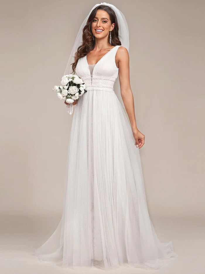 Wholesa Sleeveless Deep V Low Back Long Wedding Dress