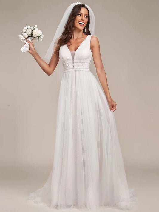 Wholesa Sleeveless Deep V Low Back Long Wedding Dress