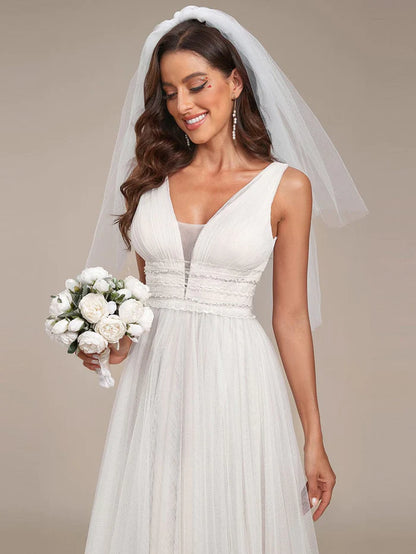 Wholesa Sleeveless Deep V Low Back Long Wedding Dress