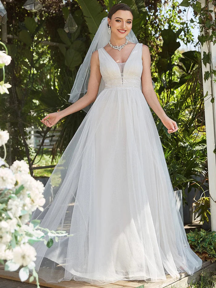 Wholesa Sleeveless Deep V Low Back Long Wedding Dress