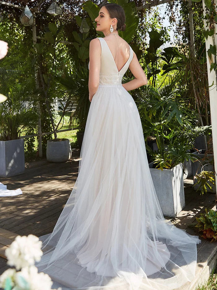 Wholesa Sleeveless Deep V Low Back Long Wedding Dress