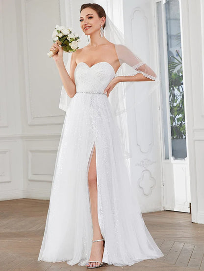 Wholesa Lace Corset Back Sweetheart Sleeveless Side Slit Wedding Dress