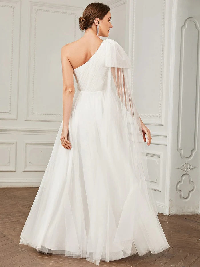 Wholesa Tie Sleeve Asymmetrical Layered Tulle A-line Wedding Dress