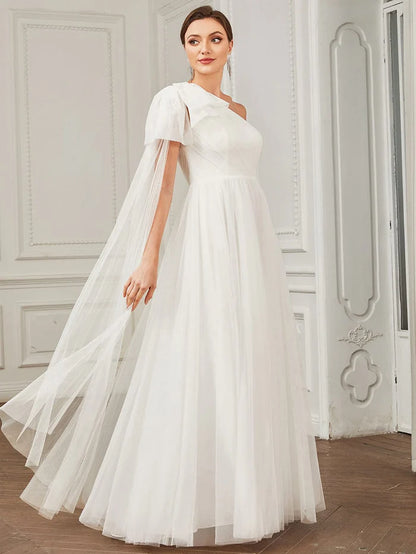 Wholesa Tie Sleeve Asymmetrical Layered Tulle A-line Wedding Dress