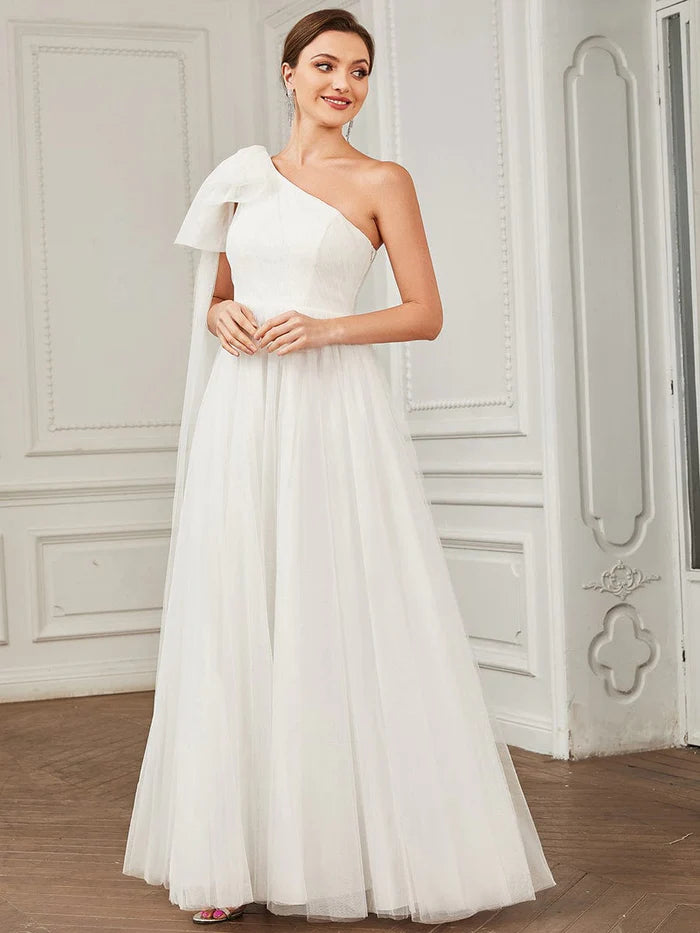 Wholesa Tie Sleeve Asymmetrical Layered Tulle A-line Wedding Dress