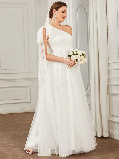 Wholesa Tie Sleeve Asymmetrical Layered Tulle A-line Wedding Dress