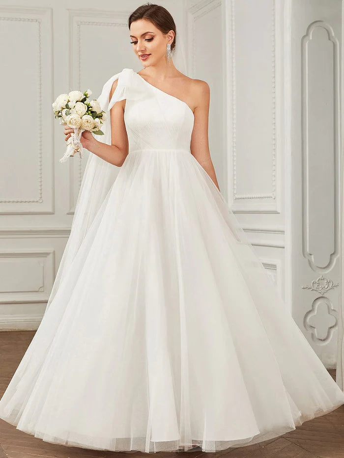 Wholesa Tie Sleeve Asymmetrical Layered Tulle A-line Wedding Dress