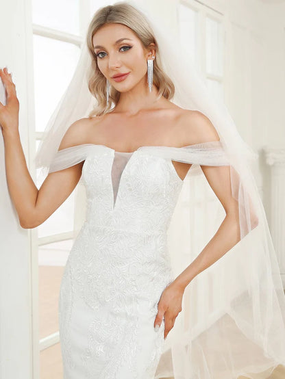 Wholesa V-Neck Draped Sleeve Tulle Mermaid Lace Wedding Dress