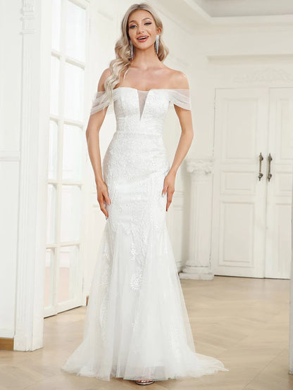 Wholesa V-Neck Draped Sleeve Tulle Mermaid Lace Wedding Dress