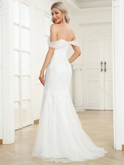 Wholesa V-Neck Draped Sleeve Tulle Mermaid Lace Wedding Dress