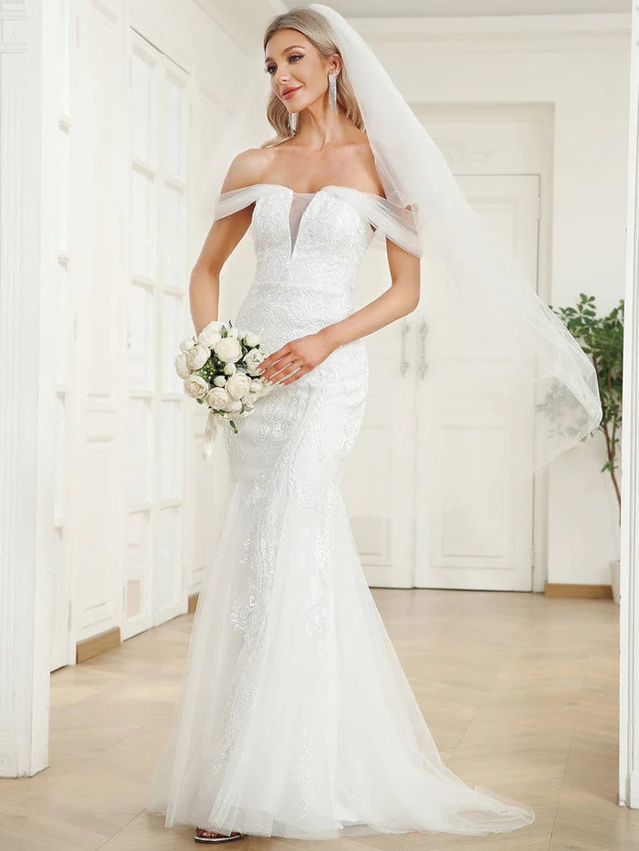 Wholesa V-Neck Draped Sleeve Tulle Mermaid Lace Wedding Dress