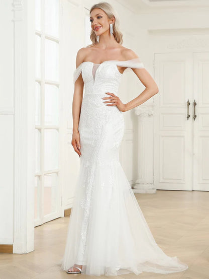 Wholesa V-Neck Draped Sleeve Tulle Mermaid Lace Wedding Dress