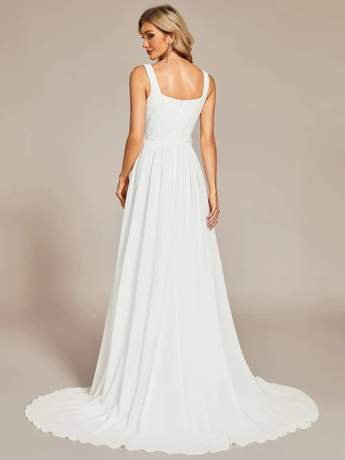 Wholesa Minimalist Lace Applique Square Neckline Train Wedding Dress