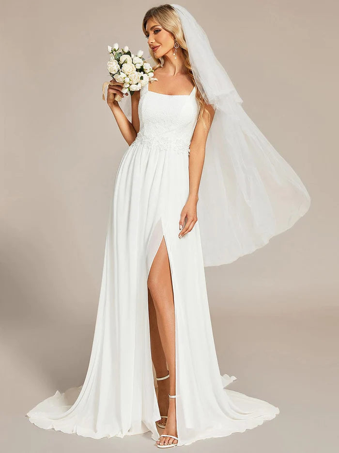 Wholesa Minimalist Lace Applique Square Neckline Train Wedding Dress