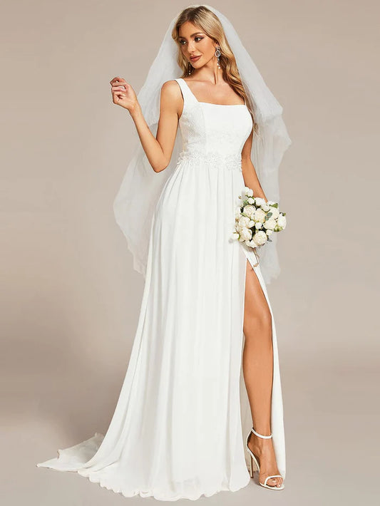 Aimishang A Line Minimalist Lace Applique Square Neckline Train Wedding Dress With Slit