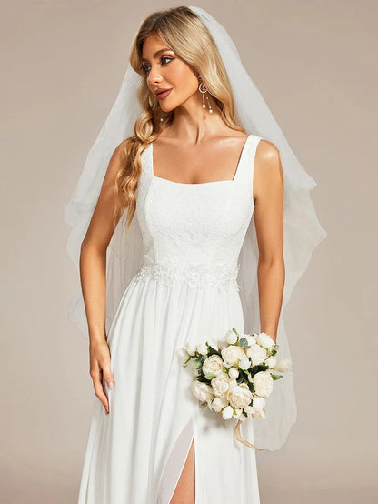 Wholesa Minimalist Lace Applique Square Neckline Train Wedding Dress