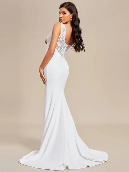 Wholesa Deep V-Neck Sleeveless Embroidered Backless Mermaid Wedding Dress with Train