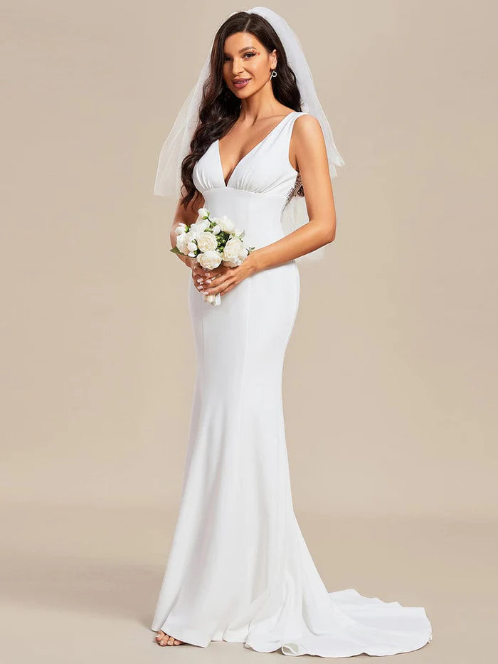 Wholesa Deep V-Neck Sleeveless Embroidered Backless Mermaid Wedding Dress with Train