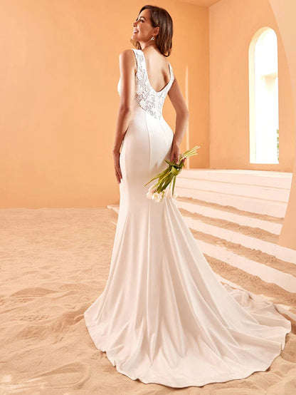 Wholesa Deep V-Neck Sleeveless Embroidered Backless Mermaid Wedding Dress with Train