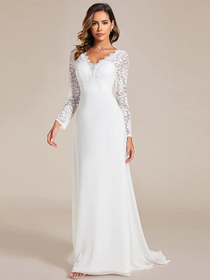 Wholesa Koutun Elegant Lace Chiffon Long Sleeves A-Line Wedding Dress