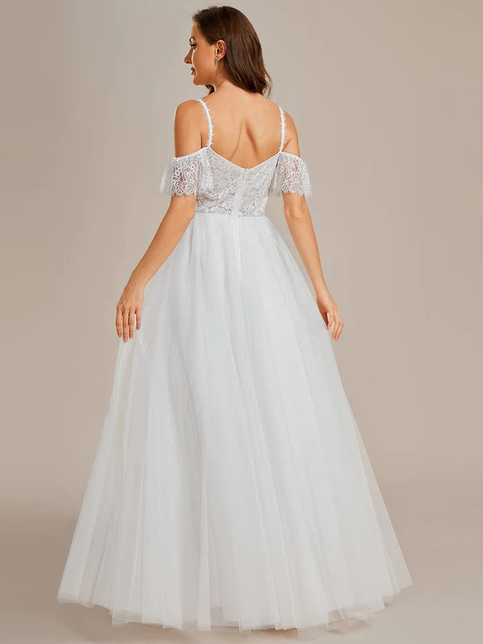 Wholesa See-Through Lace Bodice Spaghetti Strap Cold Shoulder Tulle Wedding Dress