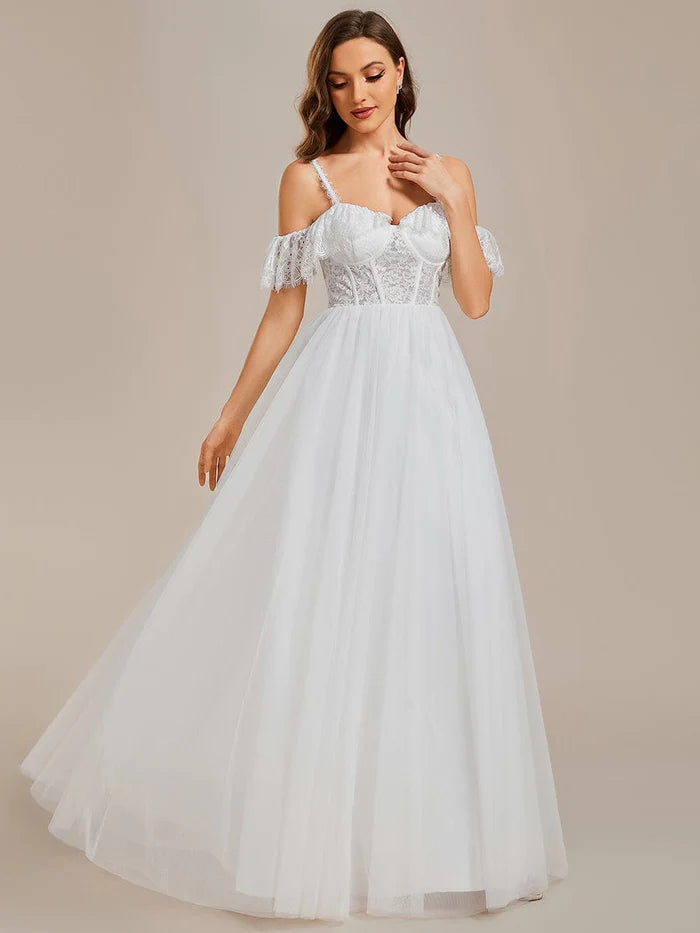 Wholesa See-Through Lace Bodice Spaghetti Strap Cold Shoulder Tulle Wedding Dress