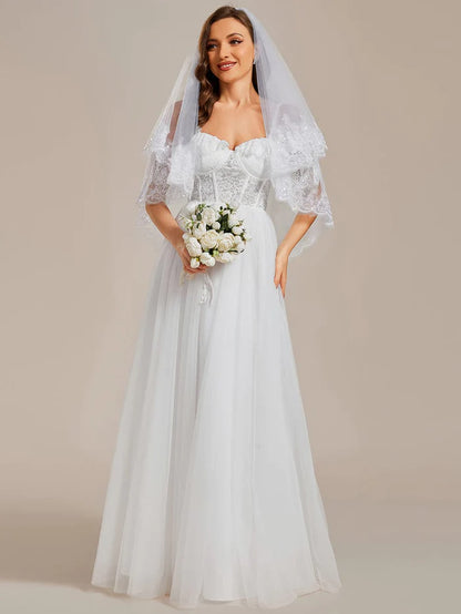 Wholesa See-Through Lace Bodice Spaghetti Strap Cold Shoulder Tulle Wedding Dress