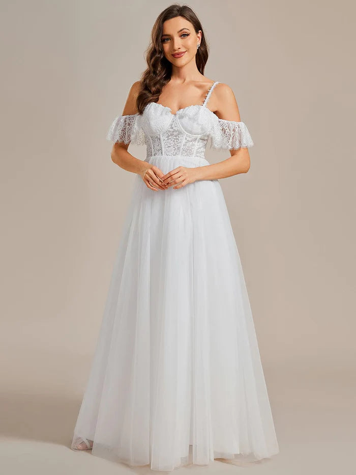 Wholesa See-Through Lace Bodice Spaghetti Strap Cold Shoulder Tulle Wedding Dress