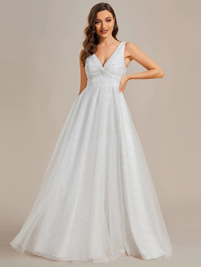 Wholesa Glittery V-Neck Twisted Tulle A-Line Wedding Dress